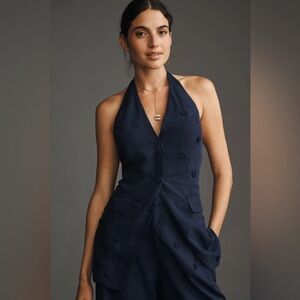 NWT! Anthropologie Maeve Navy Linen Blend Floral Detail Halter Vest Top 🦕☮️